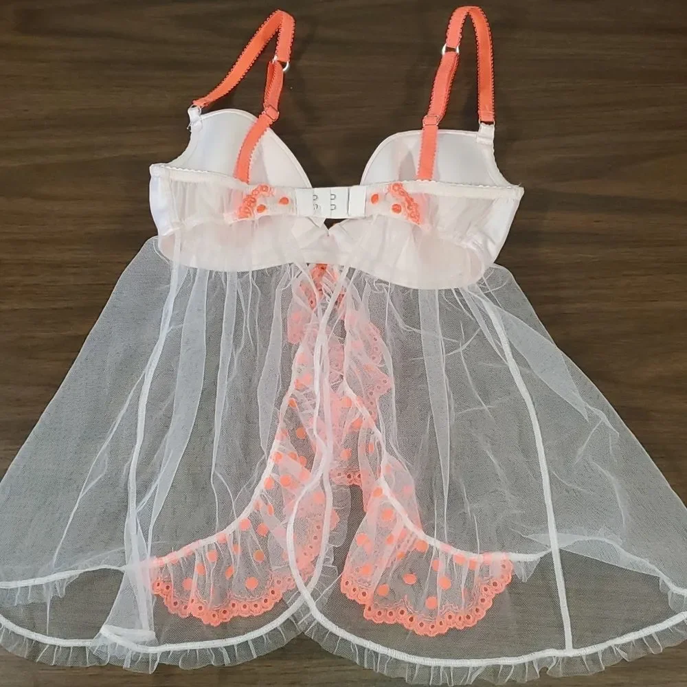 Victoria’s Secret Neon‎ Orange Pink Polka Dot Baby Doll Lingerie 34D Underwire